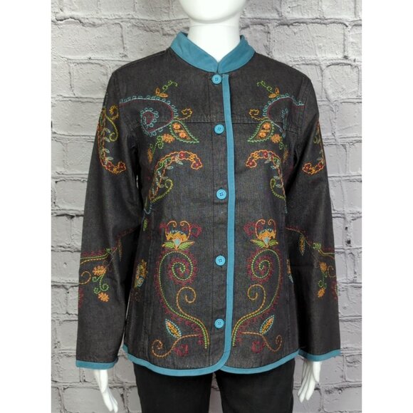 Denim & Co Vintage Embroidered Denim Jacket Pants Set Small QVC NEW - Picture 2 of 14